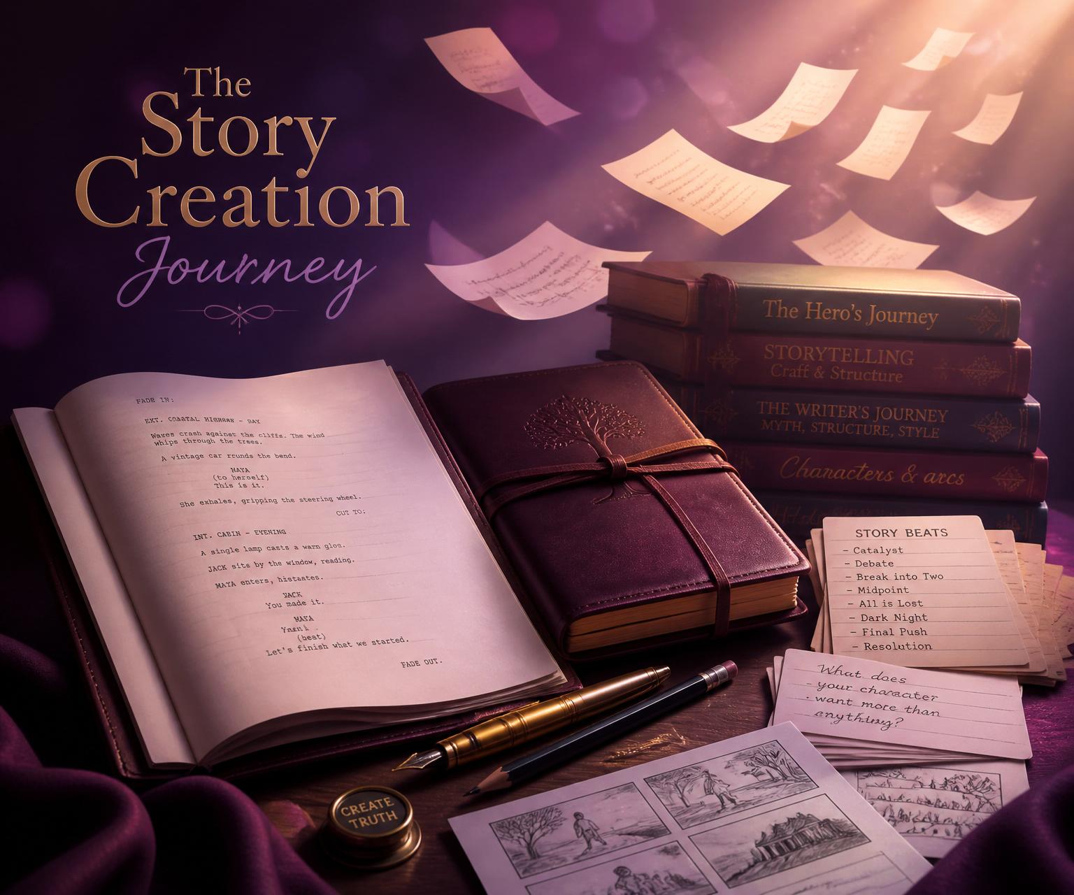 A cinematic still life of an open screenplay, leather notebook, fountain pen, index cards with story beats, and stacked craft books — the story creation journey.